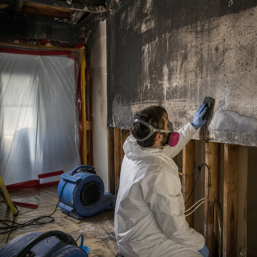 Restoration specialist cleaning smoke damage from a charred interior wall