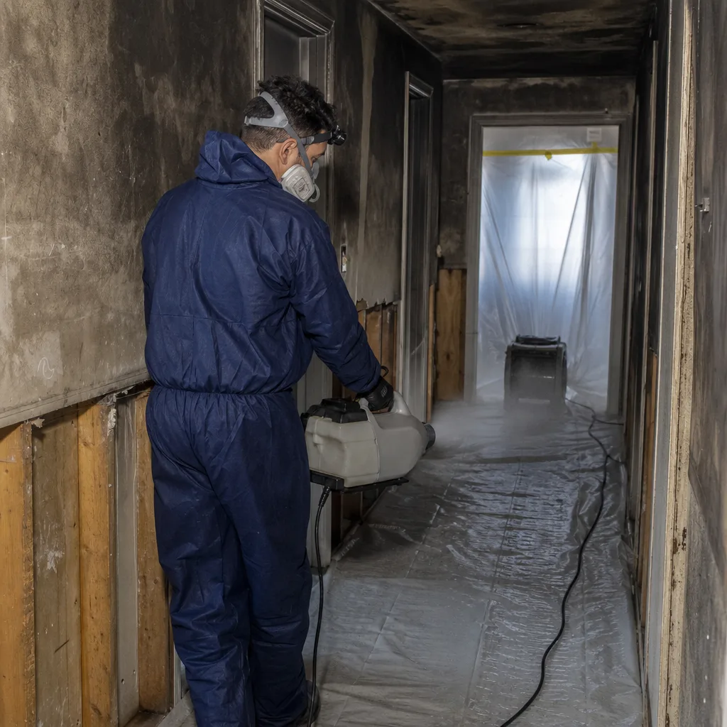 Technician performing fire and smoke damage restoration in a residential hallway.