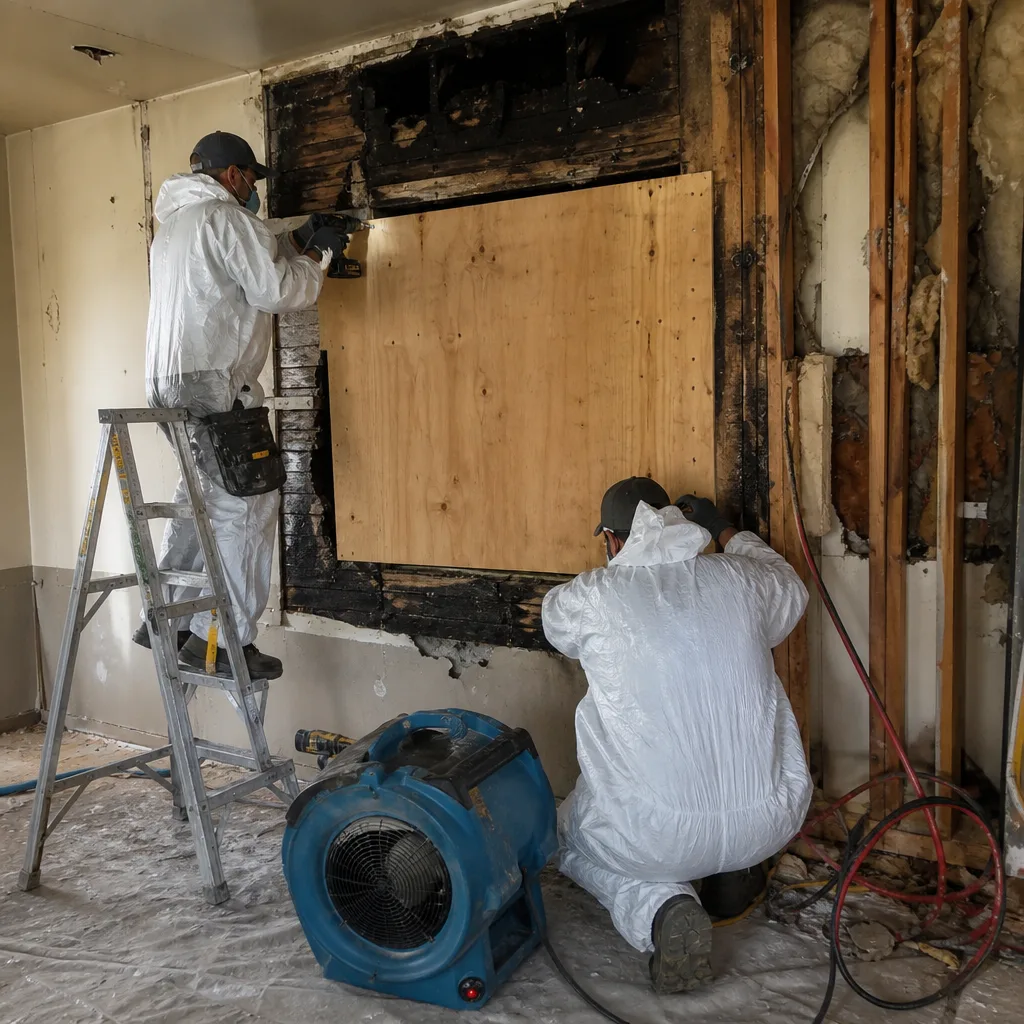 Technicians in protective suits performing professional fire and smoke damage restoration.